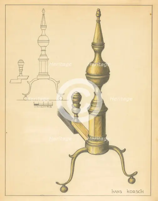 Andiron (one of pair), c. 1936. Creator: Hans Korsch.