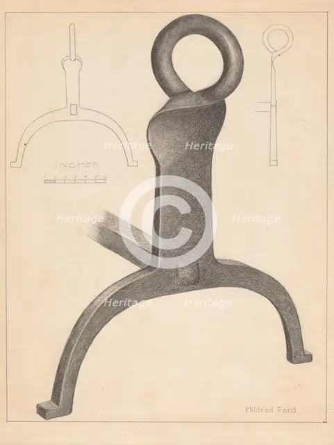 Andiron (one of pair), c. 1936. Creator: Mildred Ford.