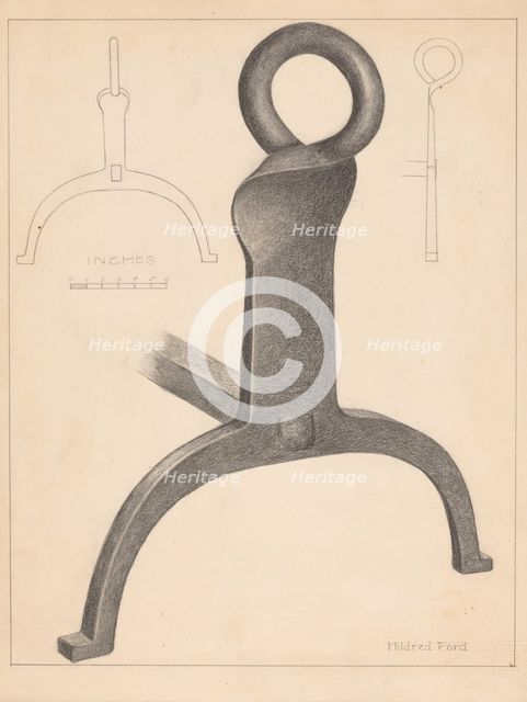 Andiron (one of pair), c. 1936. Creator: Mildred Ford.