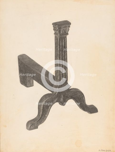 Andiron (one of pair), c. 1938. Creator: Herman Bader.