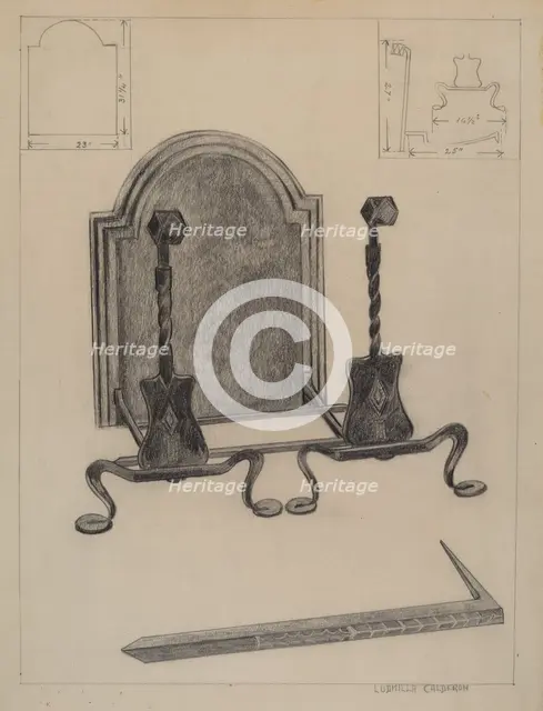 Andirons and Fireback, c. 1936. Creator: Ludmilla Calderon.