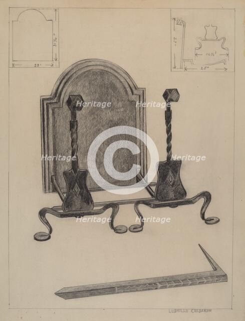 Andirons and Fireback, c. 1936. Creator: Ludmilla Calderon.