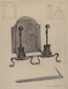 Andirons and Fireback, c. 1936. Creator: Ludmilla Calderon