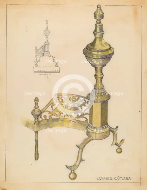 Andirons, c. 1936. Creator: James O'Mara.