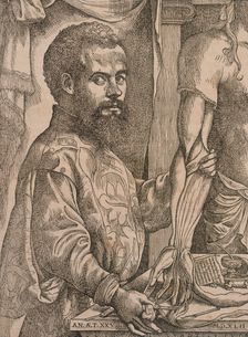 Andreas Vesalius dissecting the muscles of the forearm of a cadaver, 1543. Artist: Steven van Calcar