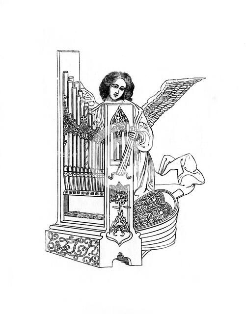 Angel and organ, early 16th century, (1843).Artist: Henry Shaw