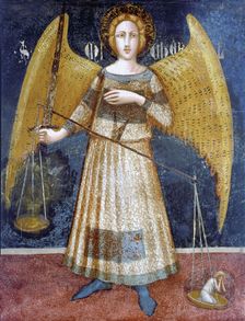 Angel holding a balance detail of the paintings by Ferrer Bassa, frescoes preserved in the chap…