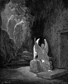 Angel showing Mary Magdalene and the other Mary Christ's empty tomb, 1865-1866. Artist: Gustave Doré