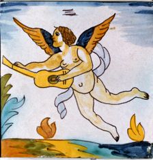 Angel playing a guitar, polychromed Catalan tile