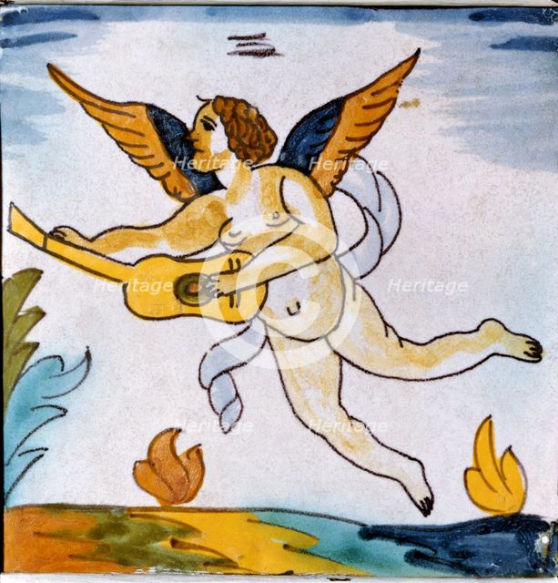 Angel playing a guitar,' polychromed Catalan tile.