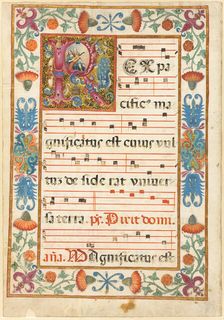Angel Playing an Instrument in a Decorated Initial "R" with Flora, Fauna and Grotesque, from..., n.d Creator: Unknown