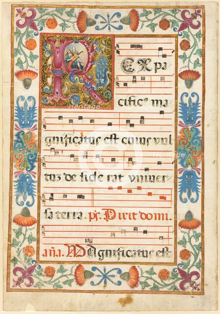 Angel Playing an Instrument in a Decorated Initial "R" with Flora, Fauna and Grotesque, from..., n.d Creator: Unknown.