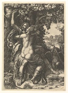 Angelica and Medoro; the couple embracing, Medoro carving their names in the bark of a..., ca. 1570. Creator: Giorgio Ghisi
