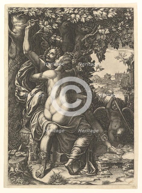 Angelica and Medoro; the couple embracing, Medoro carving their names in the bark of a..., ca. 1570. Creator: Giorgio Ghisi.