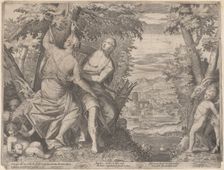 Angelica and Medoro; they stand next to a stream as Medoro carves their names into a tr..., 1590-98. Creator: Aegidius Sadeler II