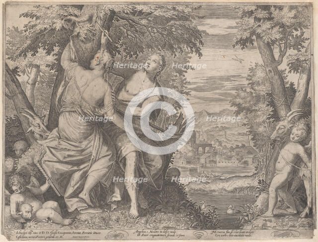 Angelica and Medoro; they stand next to a stream as Medoro carves their names into a tr..., 1590-98. Creator: Aegidius Sadeler II.