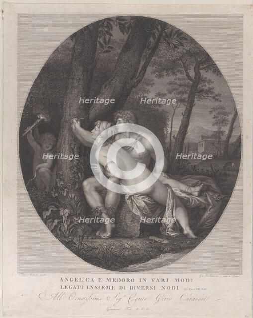 Angelica lying across the lap of Medoro and writes their names on a tree trunk, 1784-1836. Creator: Giovanni Folo.