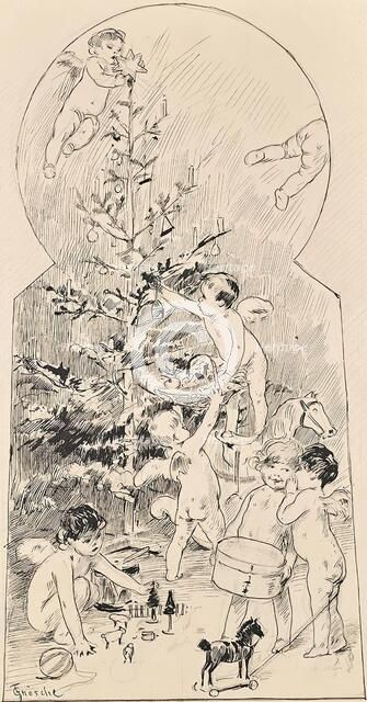 Angels cleaning Christmas tree, c1900. Creator: Carl Froschl.