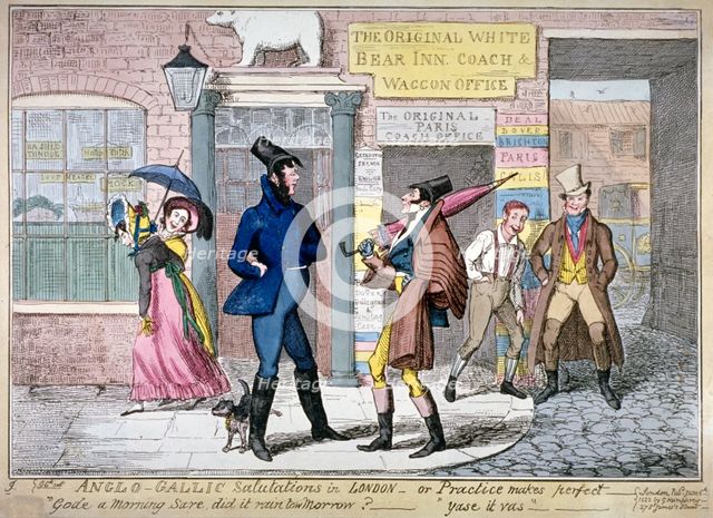 'Anglo-Gallic salutations in London, or, practice makes perfect', 1822.     Artist: George Cruikshank