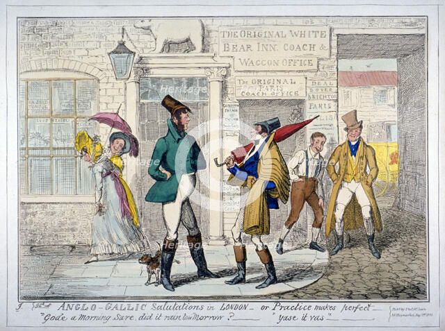 'Anglo-Gallic salutations in London - or Practice makes perfect -', 1835.              Artist: Anon