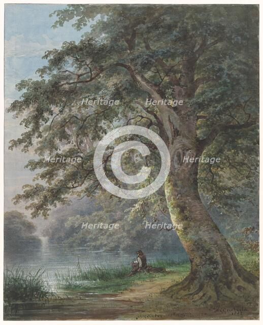 Angler under a large tree near a pond, 1882. Creator: Jan David Geerling Grootveld.