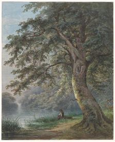 Angler under a large tree near a pond, 1882. Creator: Jan David Geerling Grootveld