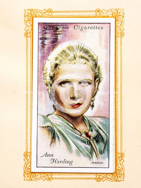 Ann Harding Collectables Picture of movie stars that came with the Players cigarette packet, 1934.  Creator: Unknown.