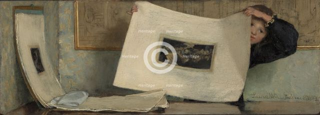 Anna Leafing Through a Portfolio of Prints, 1874. Creator: Laura Theresa Epps Alma-Tadema.