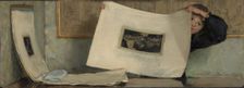 Anna Leafing Through a Portfolio of Prints, 1874. Creator: Laura Theresa Epps Alma-Tadema