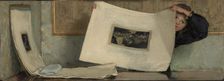 Anna Leafing Through a Portfolio of Prints, 1874. Creator: Laura Theresa Epps Alma-Tadema
