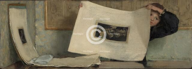 Anna Leafing Through a Portfolio of Prints, 1874. Creator: Laura Theresa Epps Alma-Tadema.