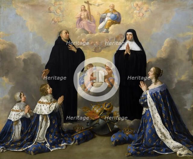 Anna of Austria with her children, praying to the Holy Trinity with Saints Benedict and Scholastica. Artist: Champaigne, Philippe, de (1602-1674)