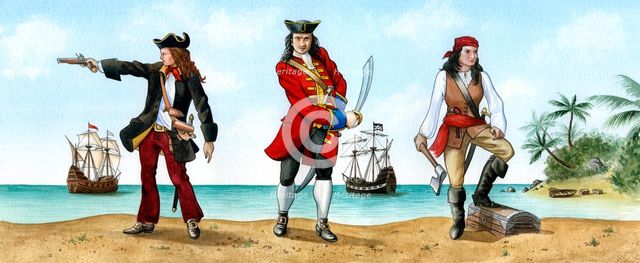 Anne Bonny, John 'Calico Jack' Rackam and Mary Read, 18th Century Pirates.Artist: Karen Humpage