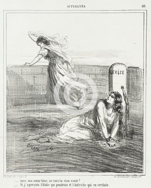Anne, ma soeur Anne, ne vois-tu rien venir? -Si j'aperçois l'Italie qui poudroie et..., 1866. Creator: Cham.