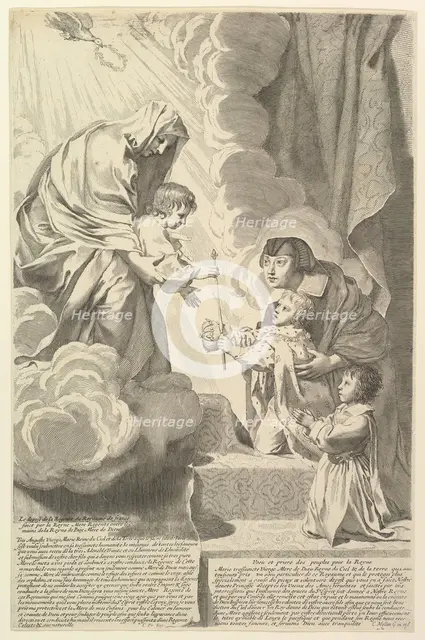 Anne of Austria with the Young Louis XIV and Monsieur before the Virgin and Child (Anne d'Autr.... Creator: Claude Mellan.