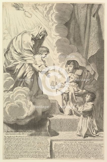 Anne of Austria with the Young Louis XIV and Monsieur before the Virgin and Child (Anne d'Autr.... Creator: Claude Mellan.