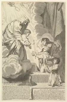 Anne of Austria with the Young Louis XIV and Monsieur before the Virgin and Child (Anne d'Autr.... Creator: Claude Mellan