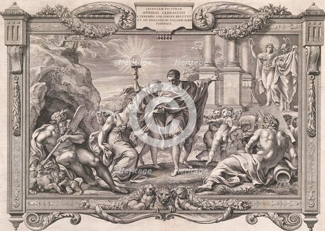 Annibale Carracci Introduces Painting to Apollo and Minerva, 1674. Creator: Pietro Aquila.