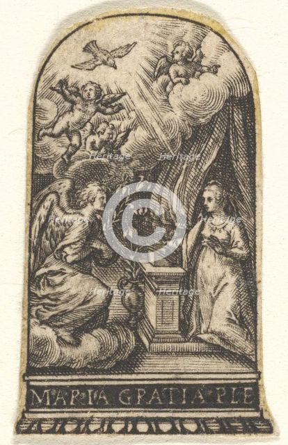 Annunciation, Mary kneels at a lectern as Gabriel approaches on a cloud from the ..., ca. 1580-1600. Creator: Johann Theodor de Bry.