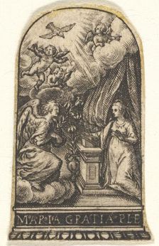 Annunciation, Mary kneels at a lectern as Gabriel approaches on a cloud from the ..., ca. 1580-1600. Creator: Johann Theodor de Bry