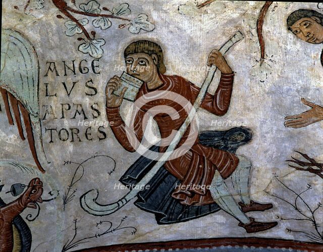 Annunciation to the Shepherds', detail of a shepherd playing the flageolet. Mural painting in the…