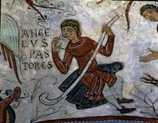 Annunciation to the Shepherds detail of a shepherd playing the flageolet. Mural painting in the…