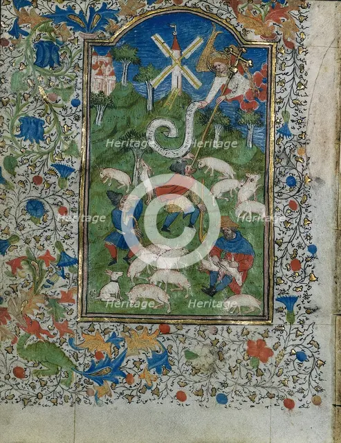 Annunciation to the Shepherds: Leaf from a Book of Hours (1 of 6 Excised Leaves), c. 1420-1430. Creator: Henri d'Orquevaulx (French); Workshop, or.