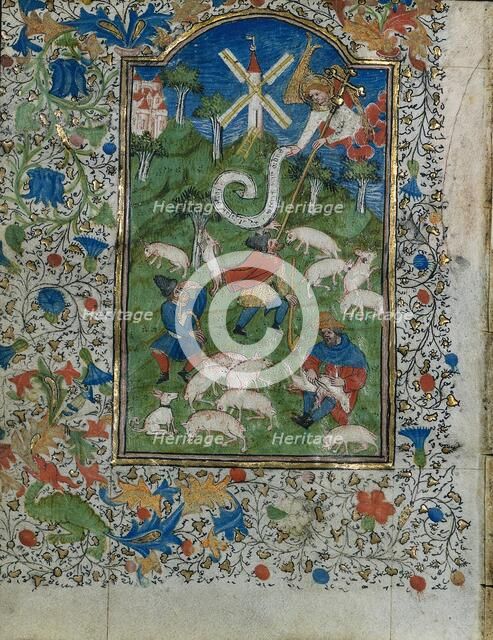 Annunciation to the Shepherds: Leaf from a Book of Hours (1 of 6 Excised Leaves), c. 1420-1430. Creator: Henri d'Orquevaulx (French); Workshop, or.