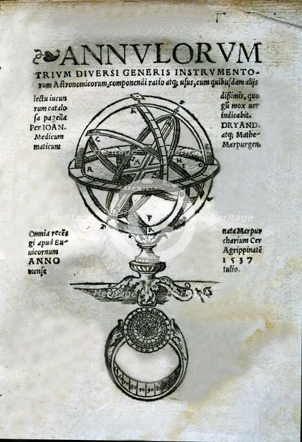 Annulorum, cover of the work with the engraving of an Armillary Sphere, 1537 edition.