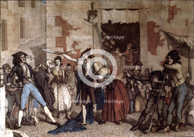 Anonimous engraving of the 18th century with the final scene of the play 'Manolo', one-act comedy…