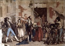 Anonimous engraving of the 18th century with the final scene of the play Manolo one-act comedy…