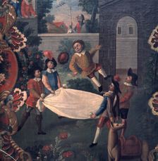 Anonymous Mexican painting, with a scene of Don Quijote de la Mancha Sancho Panza tossed in a …