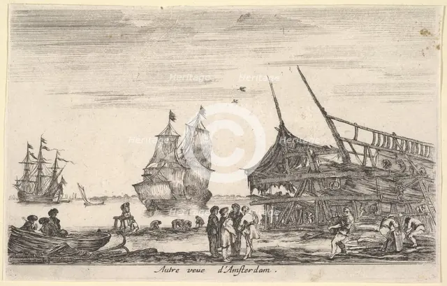 Another view of Amsterdam (Autre vue d'Amsterdam), a group of four men stand in center on ..., 1647. Creator: Stefano della Bella.