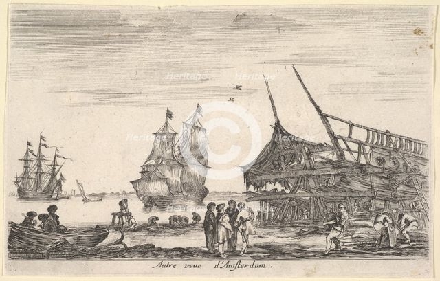 Another view of Amsterdam (Autre vue d'Amsterdam), a group of four men stand in center on ..., 1647. Creator: Stefano della Bella.